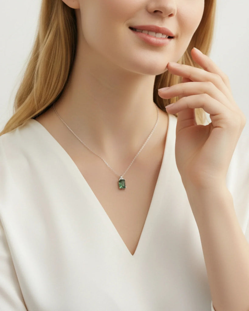 Sterling Silver Moss Agate Pendant Necklace Emerald Cut