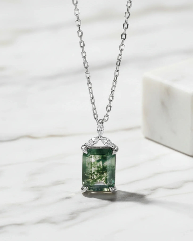 Sterling Silver Moss Agate Pendant Necklace Emerald Cut