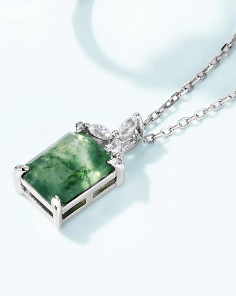 Sterling Silver Moss Agate Pendant Necklace Emerald Cut
