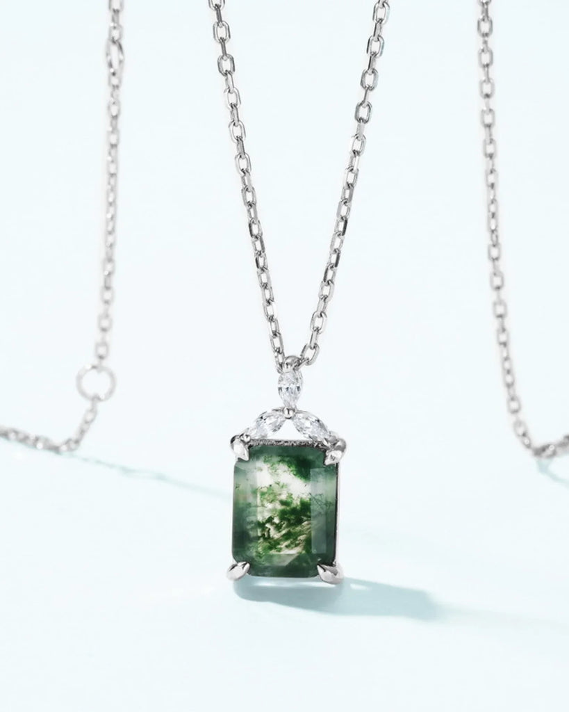 Sterling Silver Moss Agate Pendant Necklace Emerald Cut