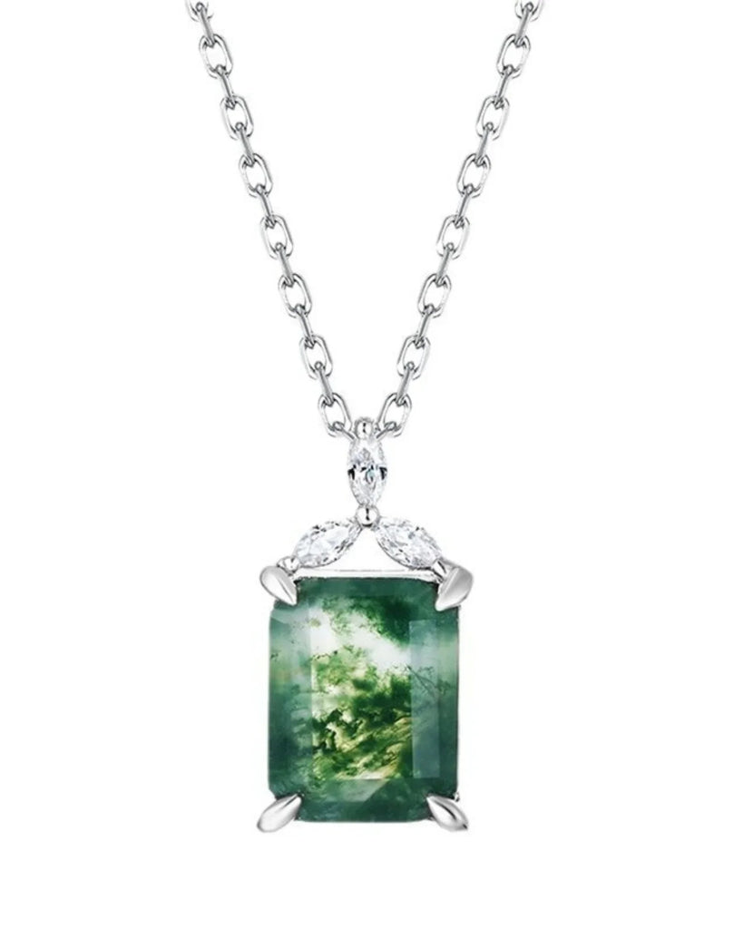 Sterling Silver Moss Agate Pendant Necklace Emerald Cut