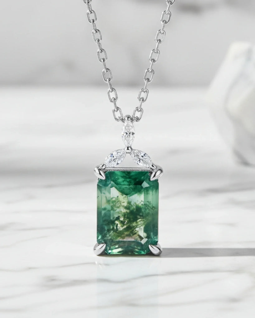 Sterling Silver Moss Agate Pendant Necklace Emerald Cut