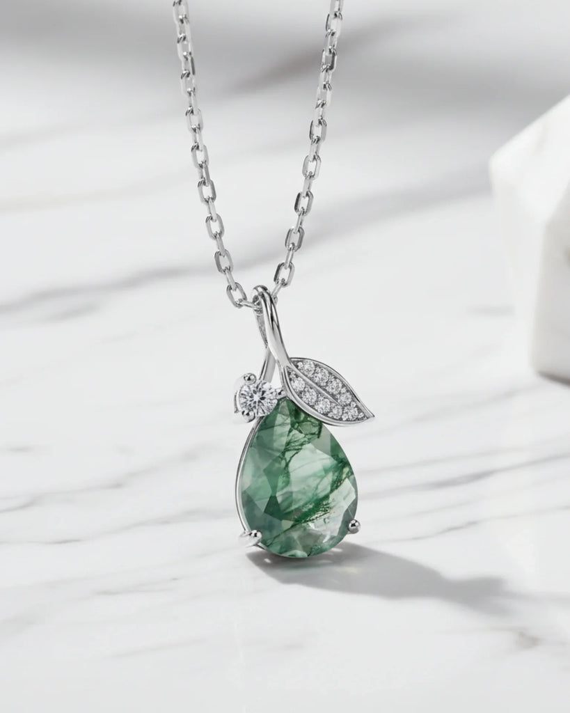 Sterling Silver Moss Agate Teardrop Necklace