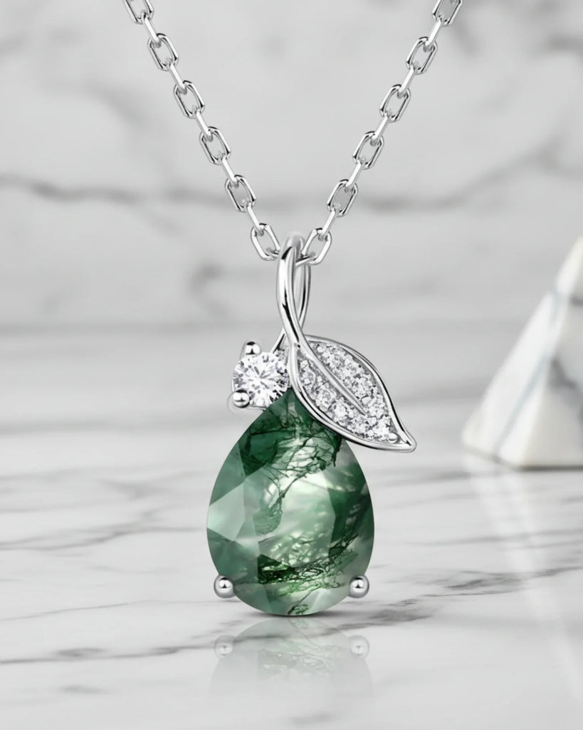 Sterling Silver Moss Agate Teardrop Necklace
