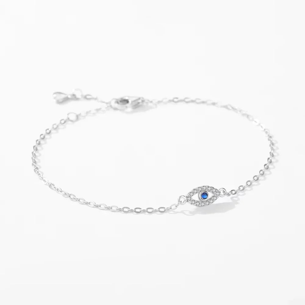 Sterling Silver Turkish Blue Evil Eye Bracelet with Zircon Charm – Lucky Eye Jewelry for Women