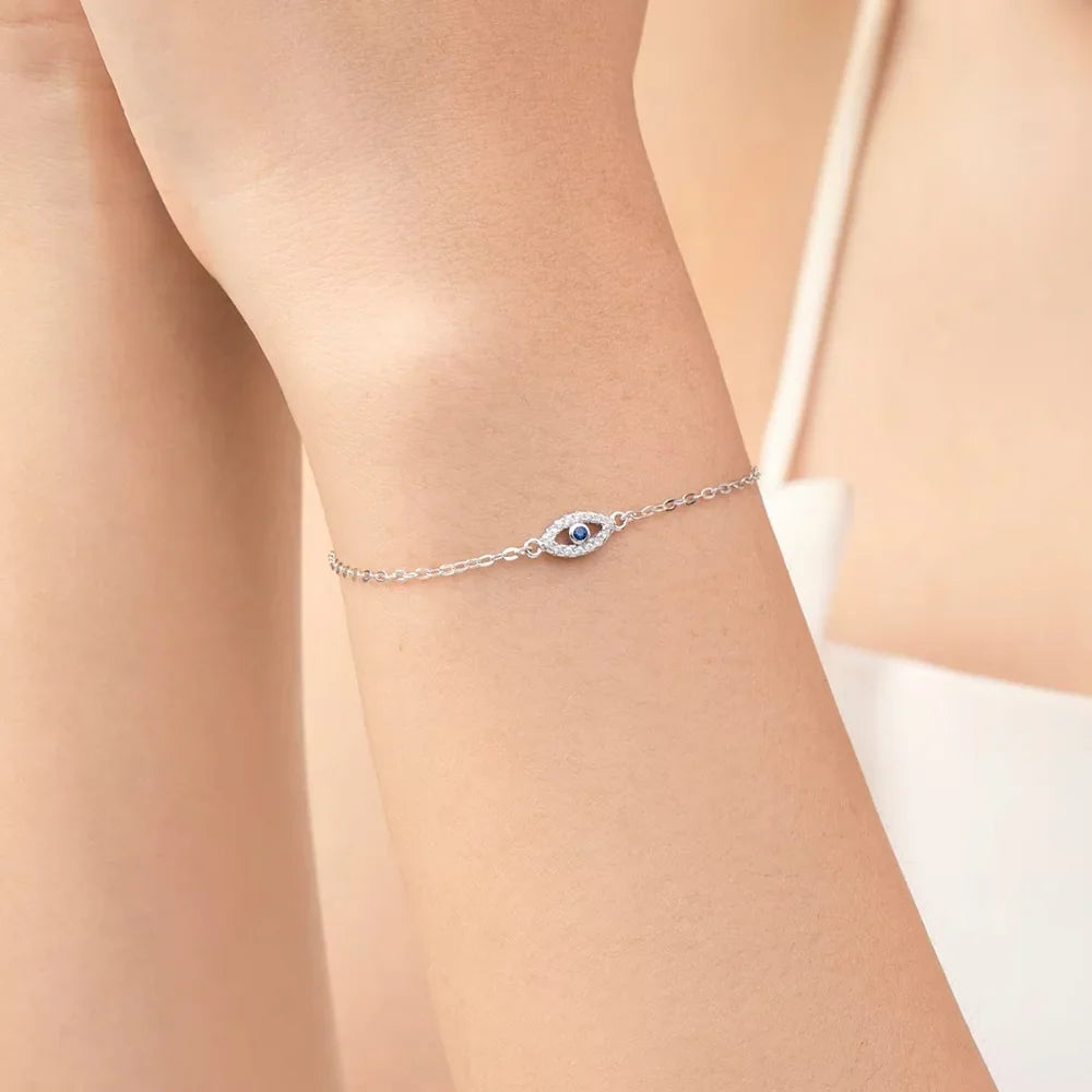 Sterling Silver Turkish Blue Evil Eye Bracelet with Zircon Charm – Lucky Eye Jewelry for Women