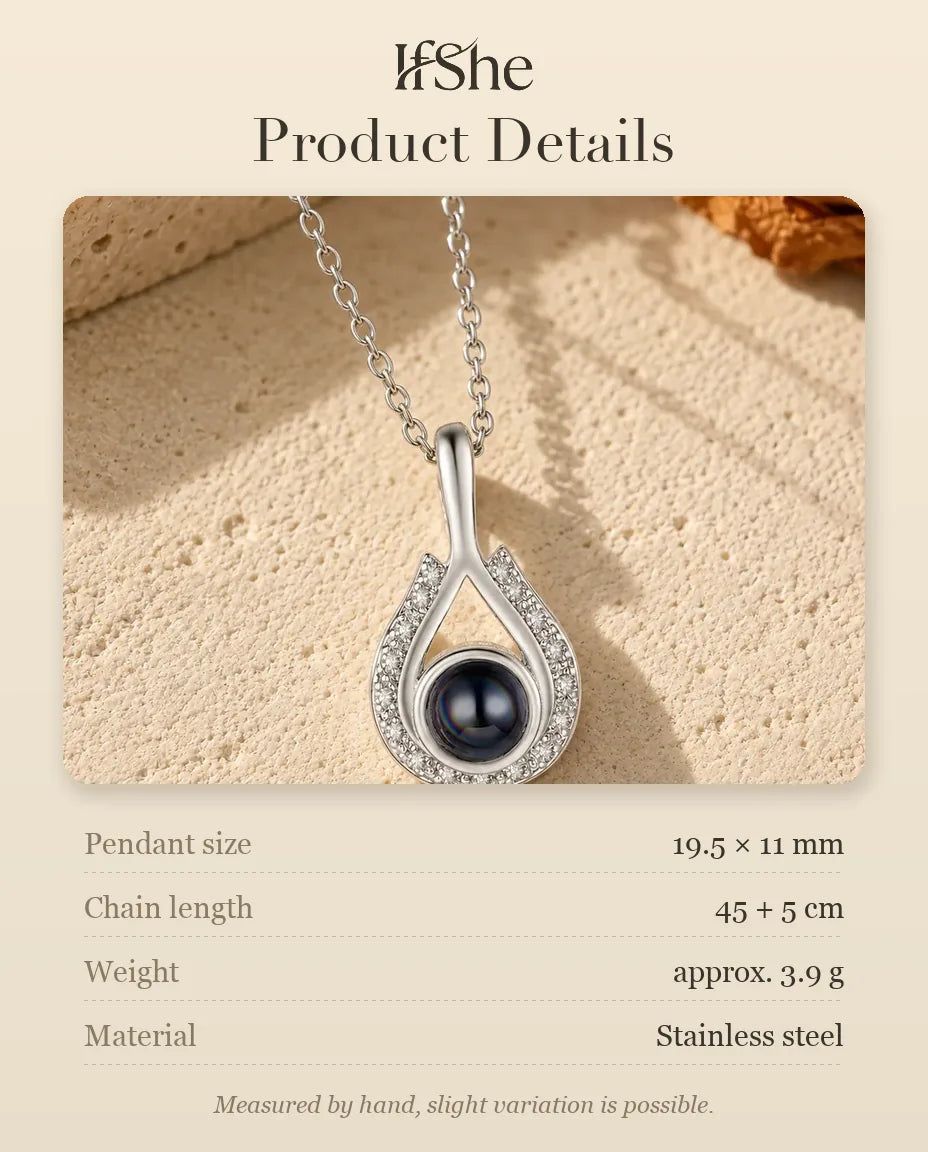 Personalized Teardrop Photo Projection Necklace in Silver - size and material details