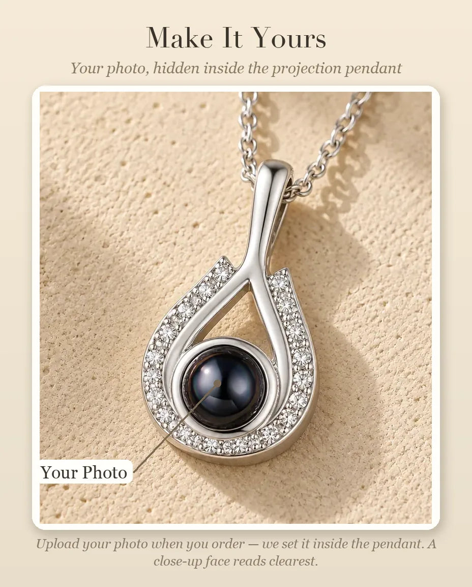 Personalized Teardrop Photo Projection Necklace in Silver - personalization guide: photo upload