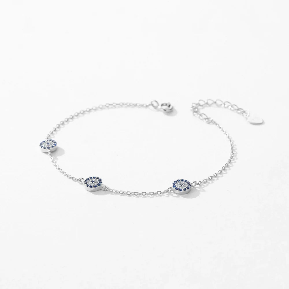 Three-Charm Sterling Silver Evil Eye Bracelet - Turkish Eye Bracelet