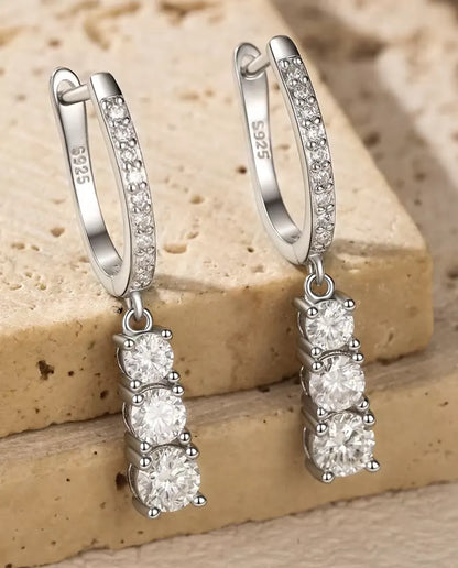 Three Stone Moissanite Drop Hoop Earrings in 925 Sterling Silver - close-up of the three graduated moissanite drops