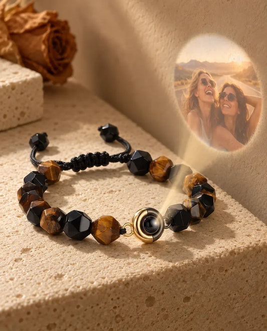 Tiger's Eye Photo Projection Bracelet with Picture Inside - projecting the hidden photo onto a wall