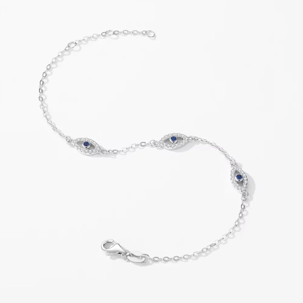 Triple Evil Eye Sterling Silver Protection Bracelet - Turkish Eye Bracelet
