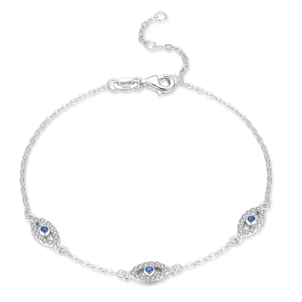 Triple Evil Eye Sterling Silver Protection Bracelet - Turkish Eye Bracelet