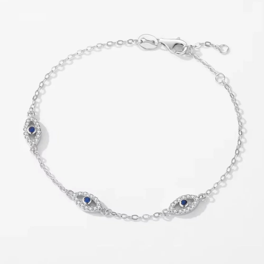Triple Evil Eye Sterling Silver Protection Bracelet - Turkish Eye Bracelet