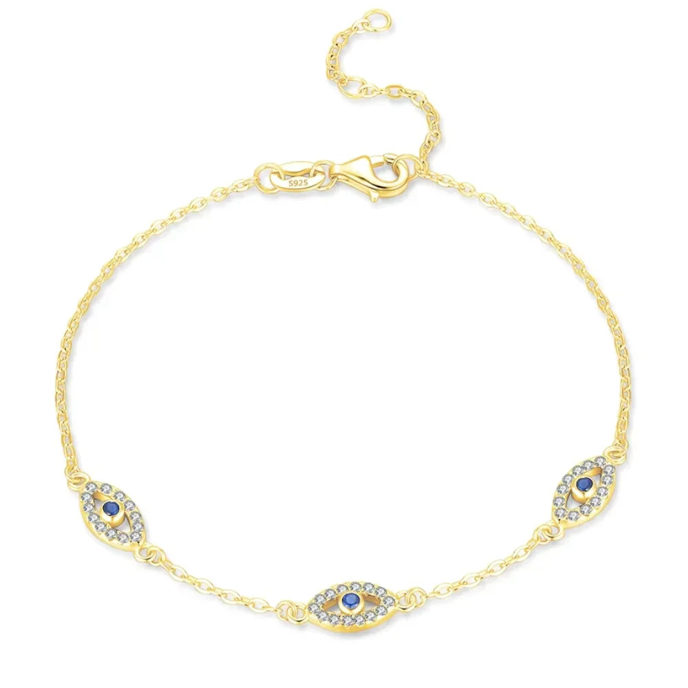 Triple Evil Eye Sterling Silver Protection Bracelet - Turkish Eye Bracelet