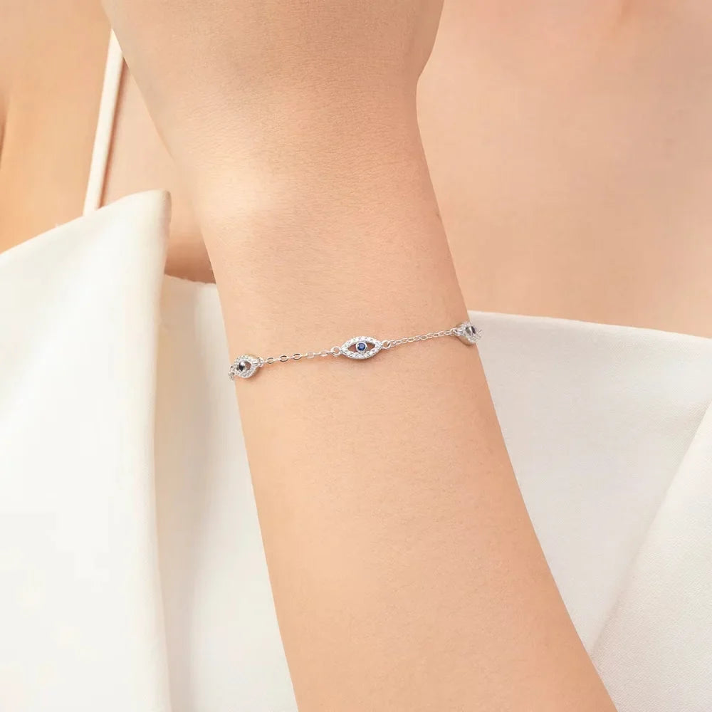 Triple Evil Eye Sterling Silver Protection Bracelet - Turkish Eye Bracelet