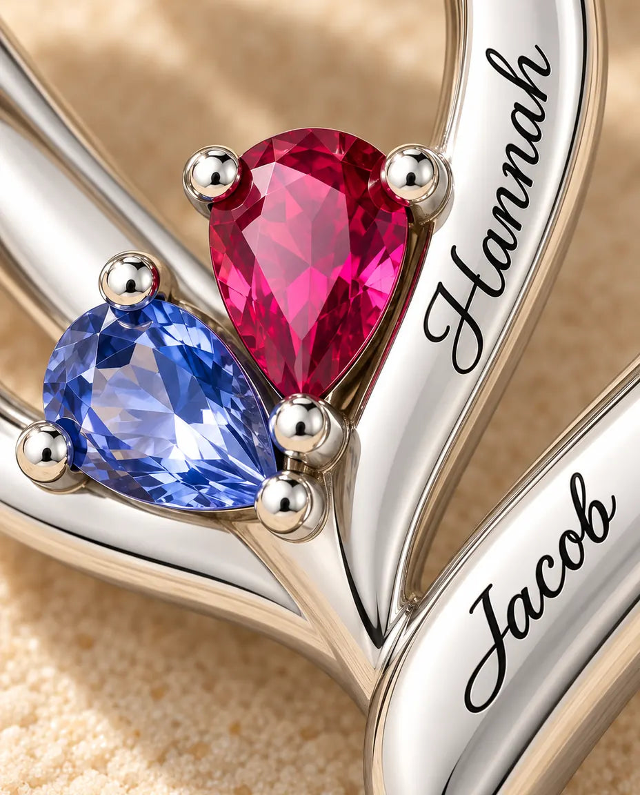 Macro detail of the two pear birthstones and both engraved names