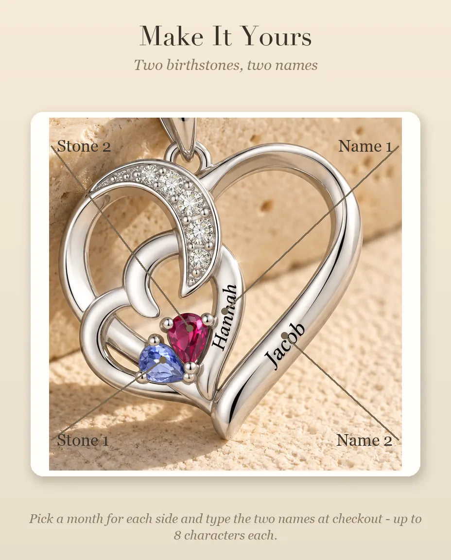 How to personalize the necklace with two birthstones and two names