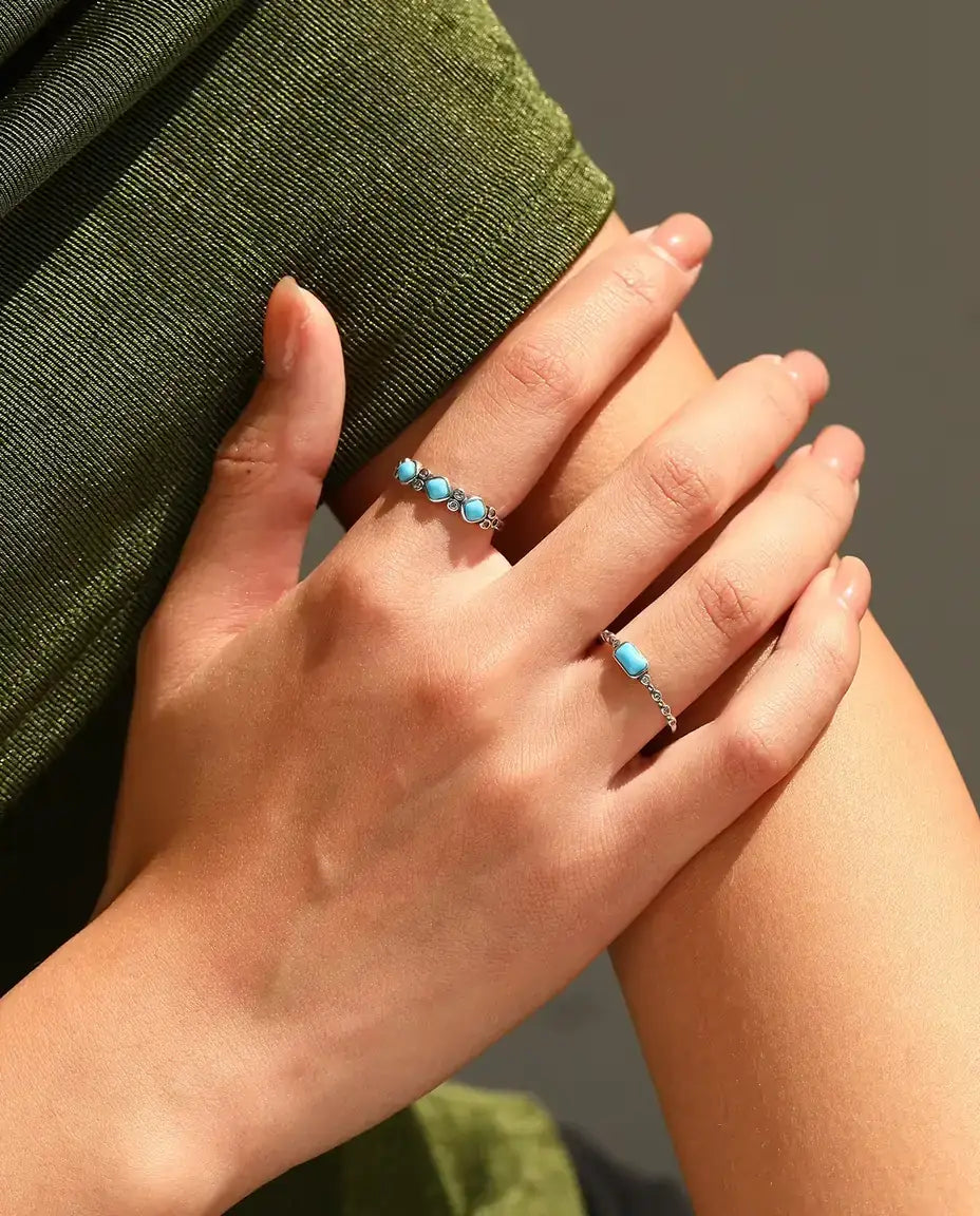 Turquoise cabochon ring on beaded bezel band in 925 sterling silver