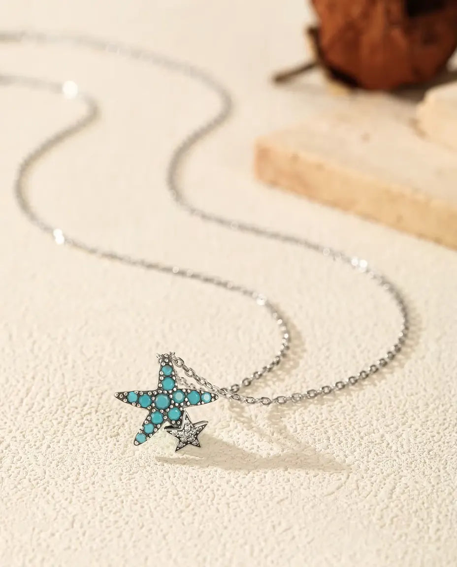 turquoise pave starfish necklace with star charm in 925 sterling silver