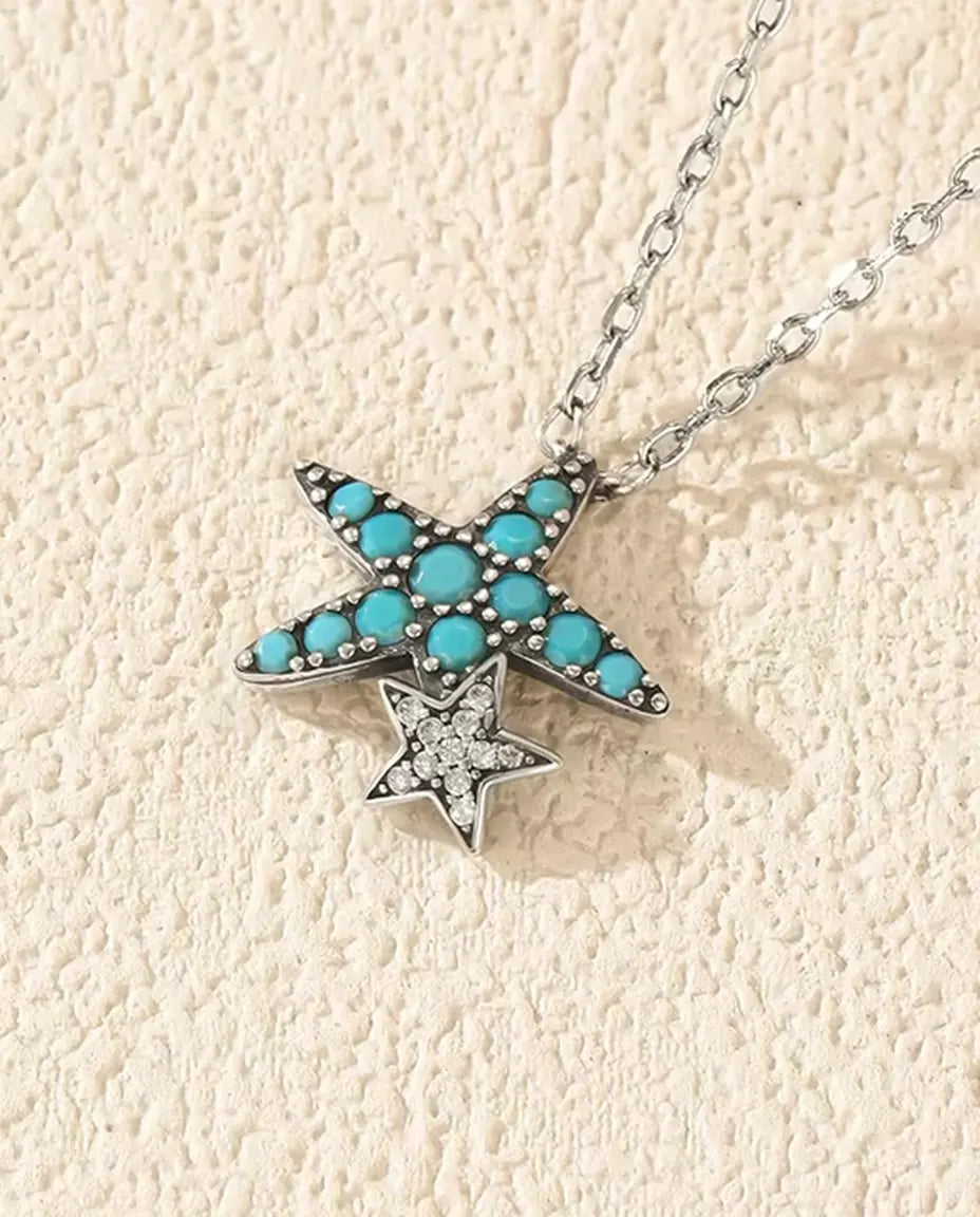 turquoise pave starfish necklace with star charm in 925 sterling silver
