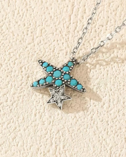 turquoise pave starfish necklace with star charm in 925 sterling silver