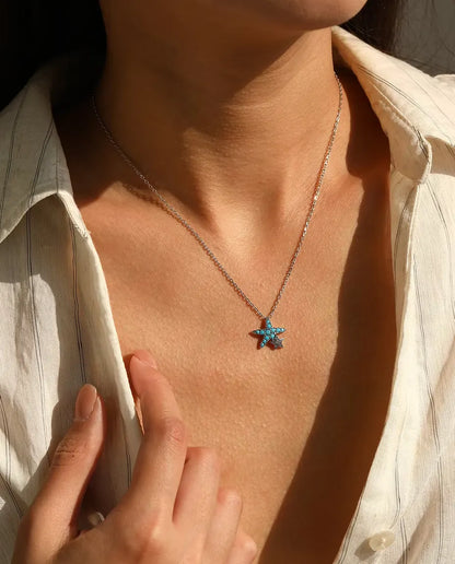 turquoise pave starfish necklace with star charm in 925 sterling silver