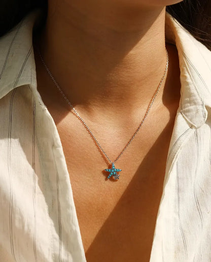 turquoise pave starfish necklace with star charm in 925 sterling silver
