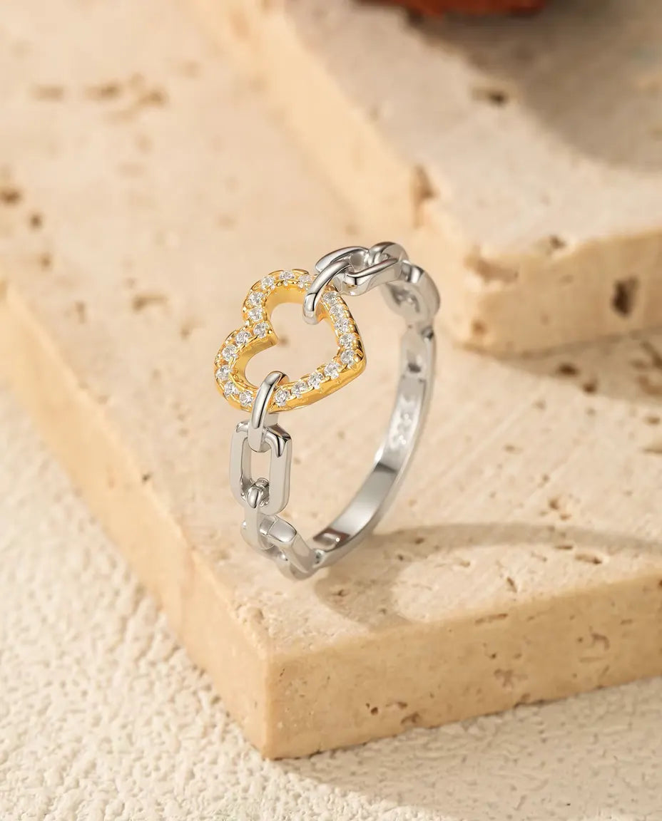 Two tone gold pave heart chain link ring in 925 sterling silver