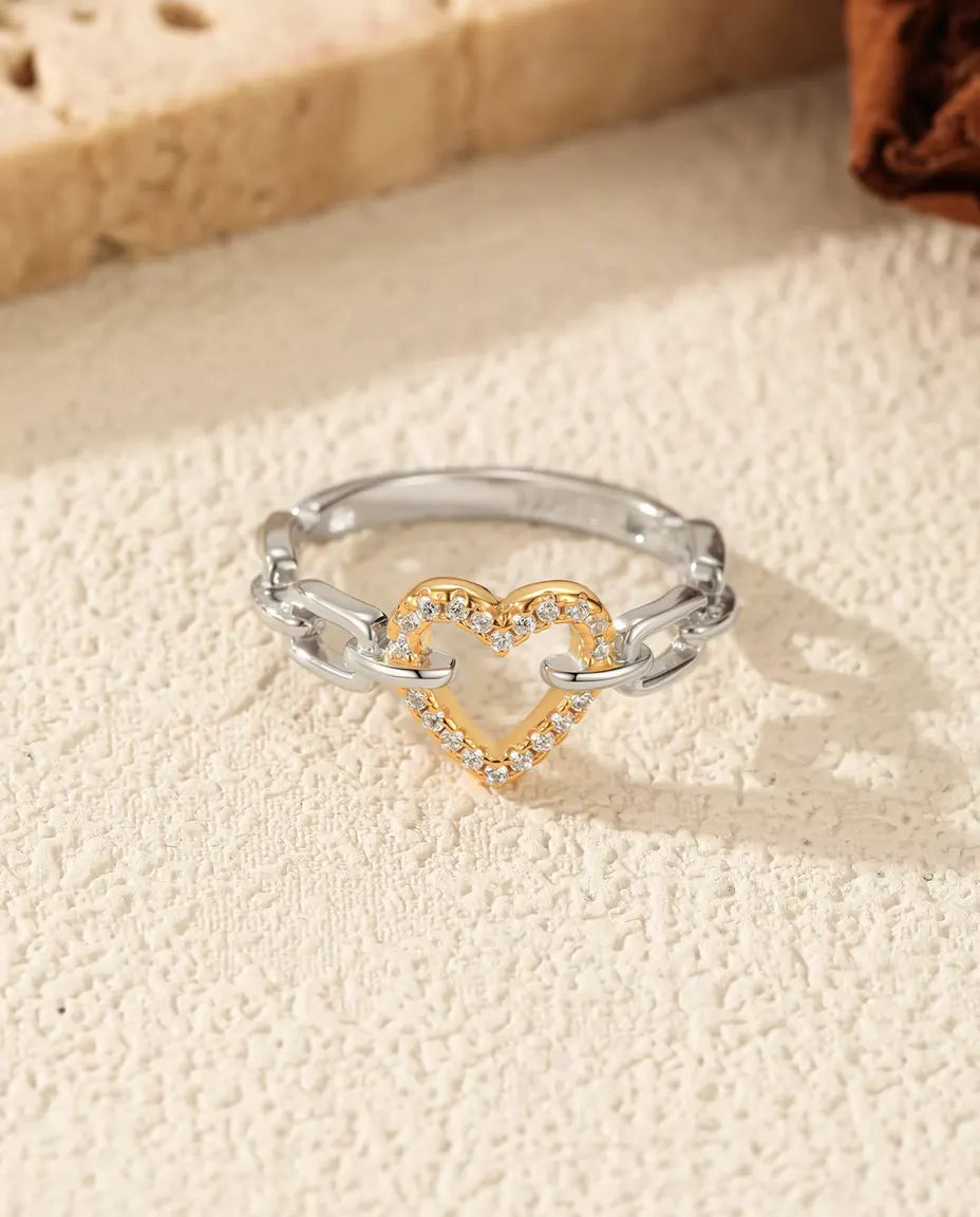Two tone gold pave heart chain link ring in 925 sterling silver