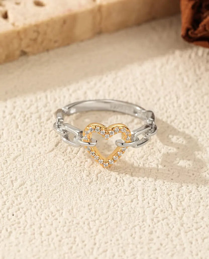 Two tone gold pave heart chain link ring in 925 sterling silver