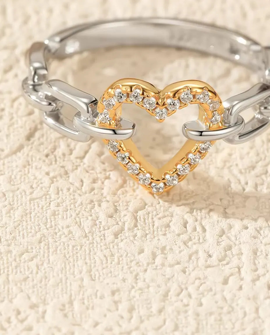 Two tone gold pave heart chain link ring in 925 sterling silver
