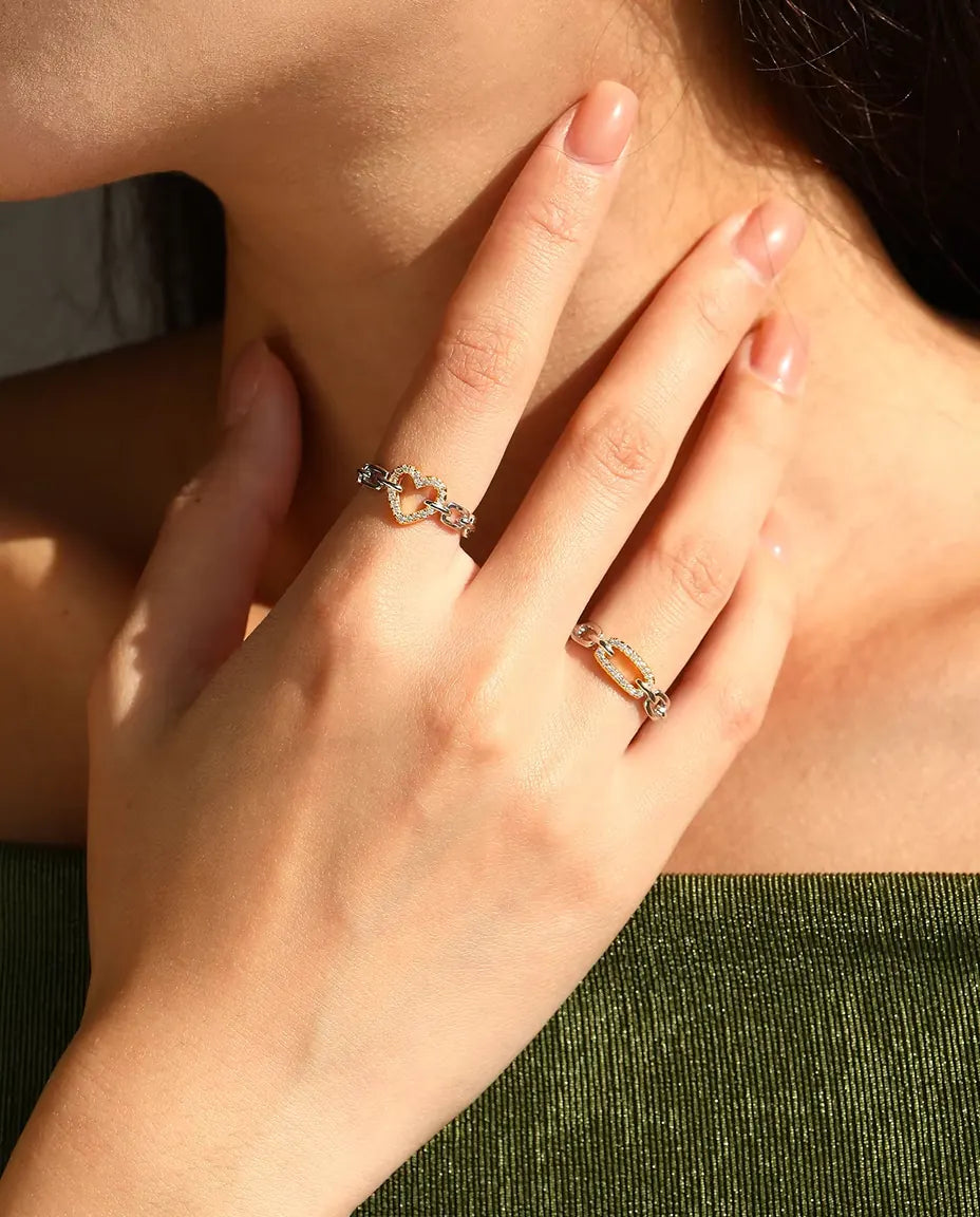 Two tone gold pave heart chain link ring in 925 sterling silver