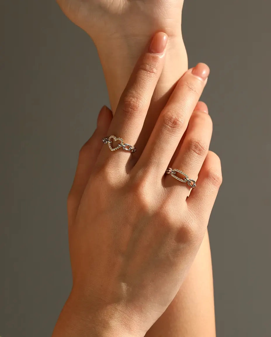 Two tone gold pave heart chain link ring in 925 sterling silver