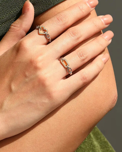 Two tone gold pave heart chain link ring in 925 sterling silver