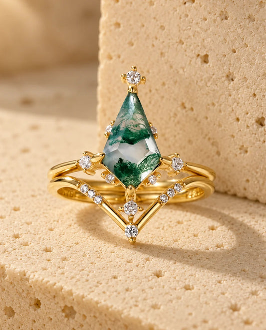 Kite-Cut Moss Agate Ring Set - the complete set