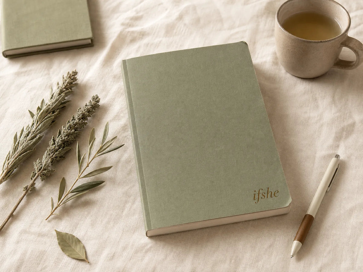 Sage green wedding anxiety workbook on cream linen with handmade ceramic tea mug, dried sage and bay leaf, calm morning daylight