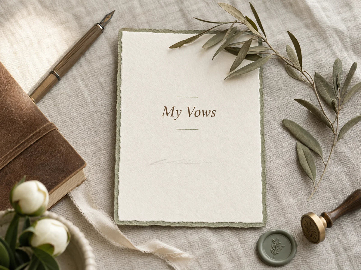 Wedding vow keepsake card on cream linen with dried olive sprig, fountain pen, leather notebook, and wax seal stamp