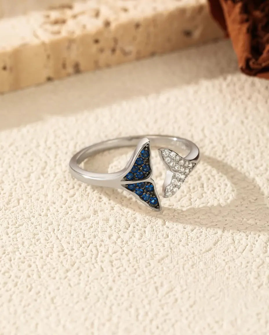 whale tail open adjustable ring with blue and white stones in 925 sterling silver