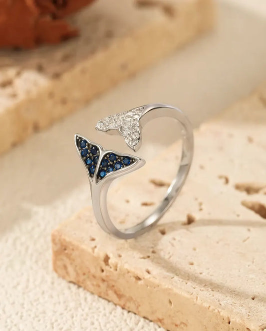 whale tail open adjustable ring with blue and white stones in 925 sterling silver