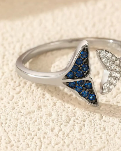 whale tail open adjustable ring with blue and white stones in 925 sterling silver
