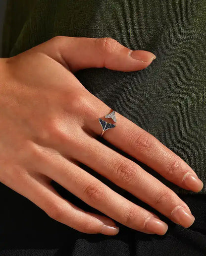whale tail open adjustable ring with blue and white stones in 925 sterling silver