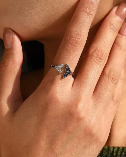 whale tail open adjustable ring with blue and white stones in 925 sterling silver