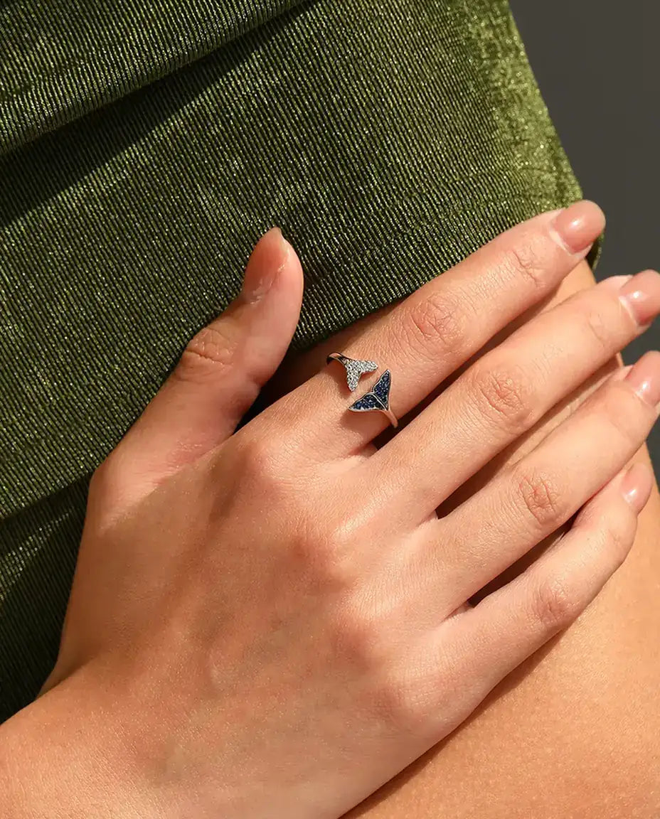 whale tail open adjustable ring with blue and white stones in 925 sterling silver