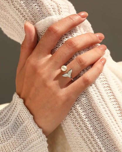 Whale tail open ring in 925 sterling silver with a pearl white bead