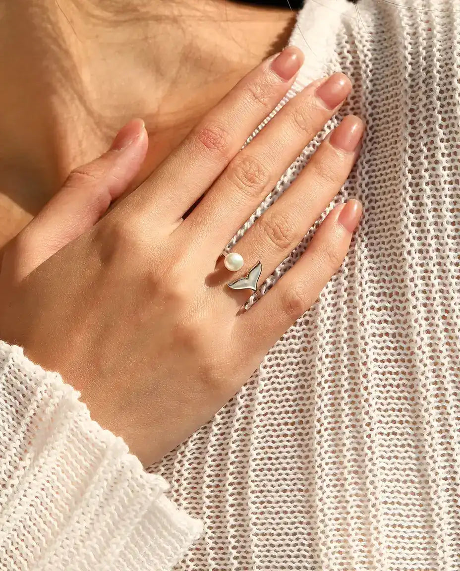 Whale tail open ring in 925 sterling silver with a pearl white bead
