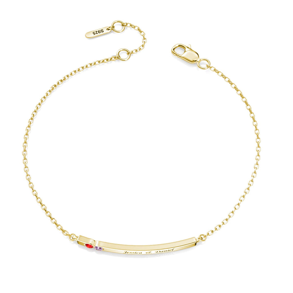 Personalised 2 Birthstone Bar Bracelet with Engraving - Gold - IFSHE UK