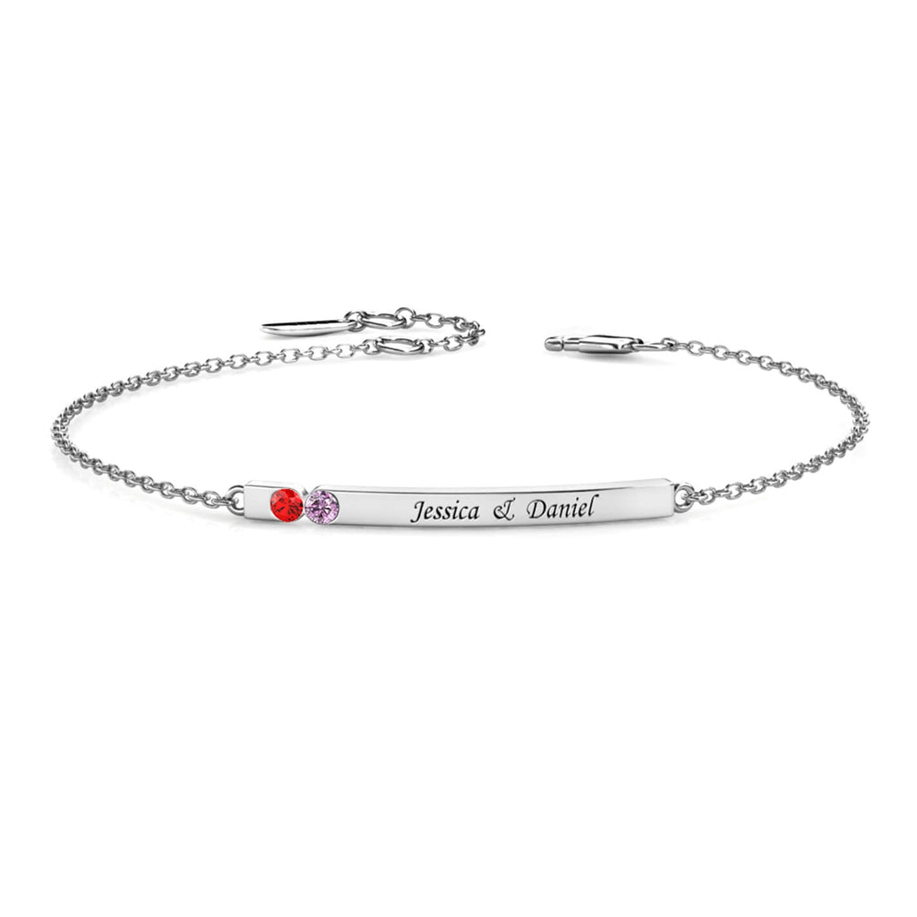 Personalised 2 Birthstone Bar Bracelet with Engraving - Sterling Silver - IFSHE UK