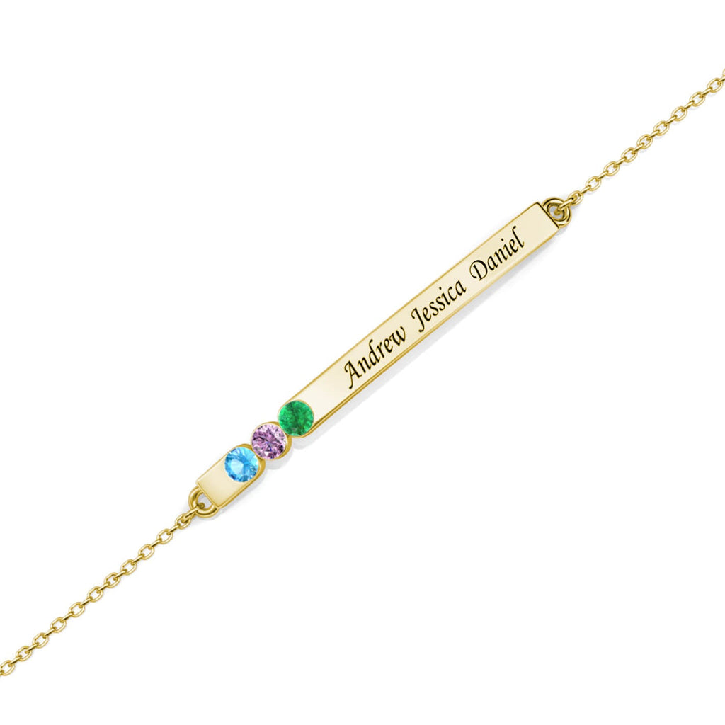 Personalised 3 Birthstone Bar Bracelet with Engraving - Gold - IFSHE UK