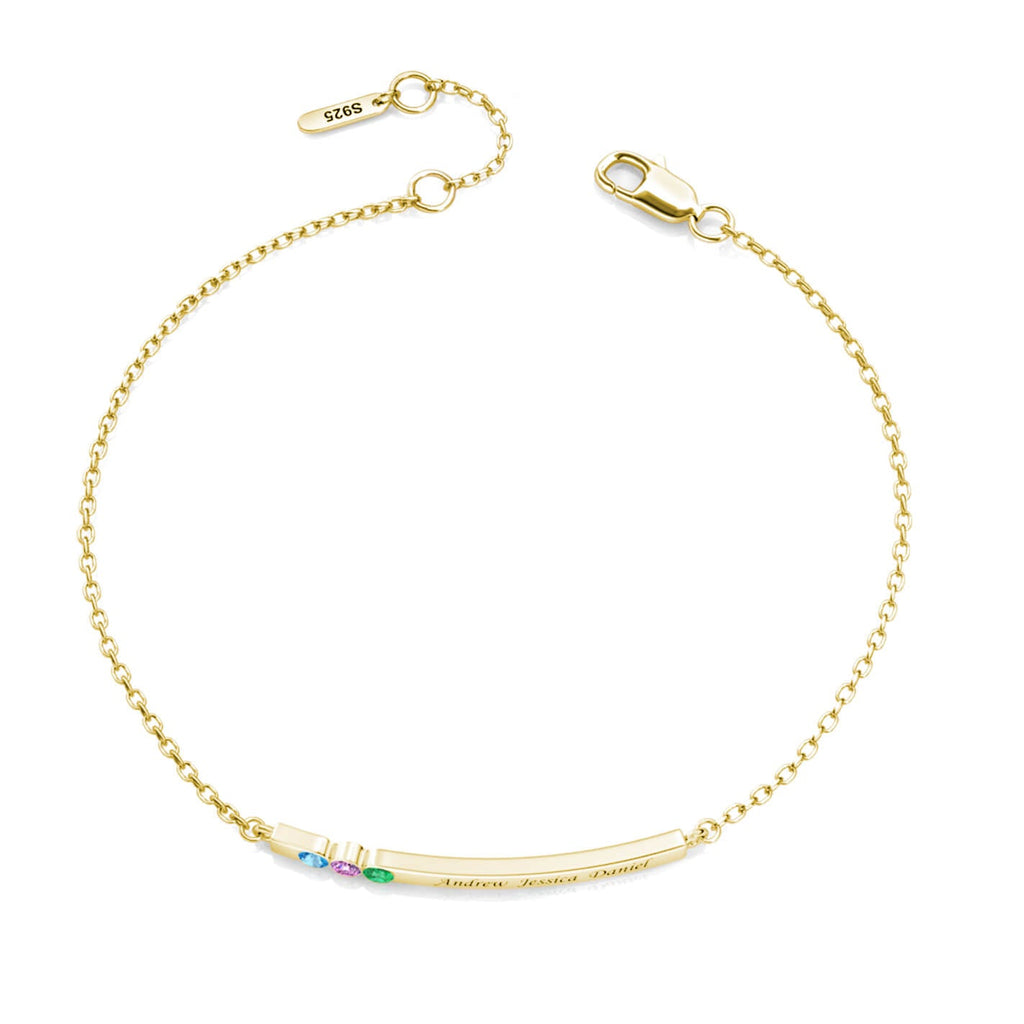 Personalised 3 Birthstone Bar Bracelet with Engraving - Gold - IFSHE UK